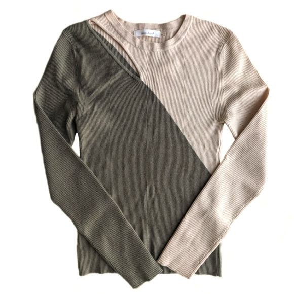 Idem Ditto Colorblock Ribbed Slit Neck Detail Sweater Olive Beige -sz M - Picture 2 of 9